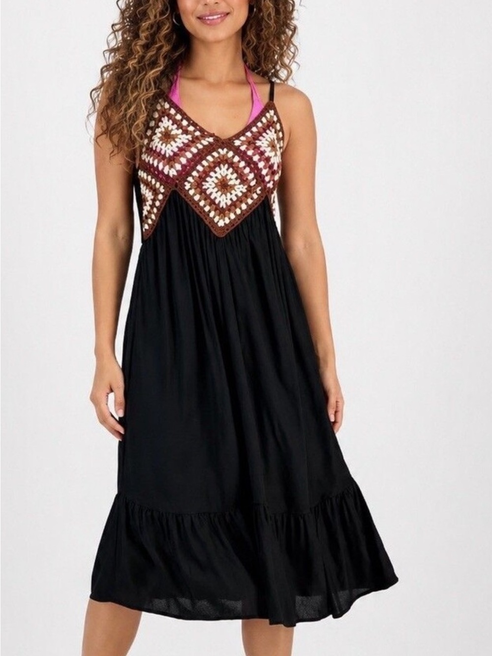Raviya NWT M Crochet brown granny square Bodice Black BOHO Midi Dress coverup